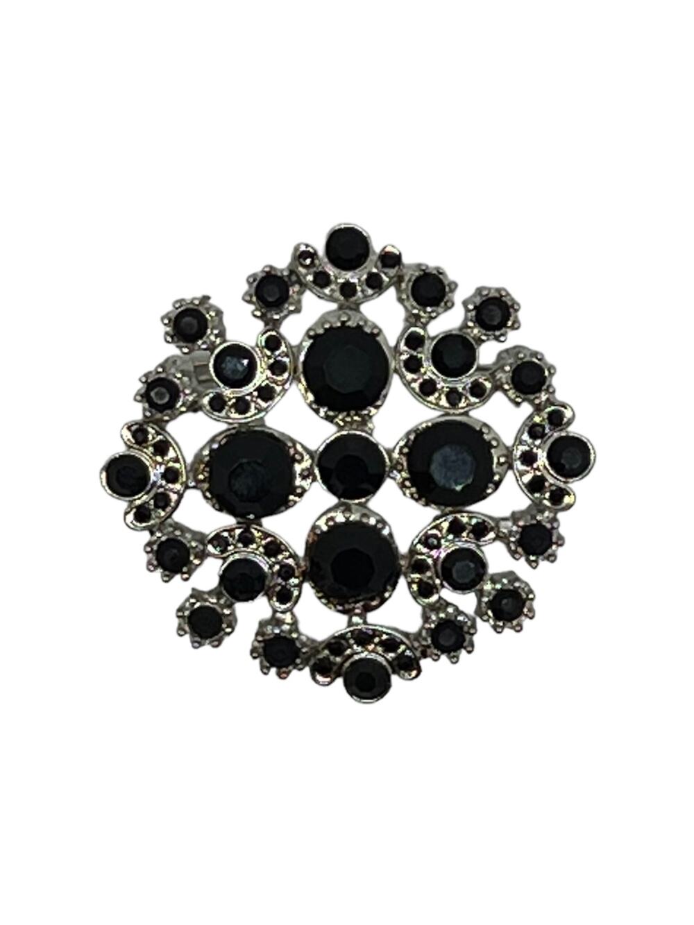Silver Pin with Black Jewels – Elegant Design, 2" x 2"